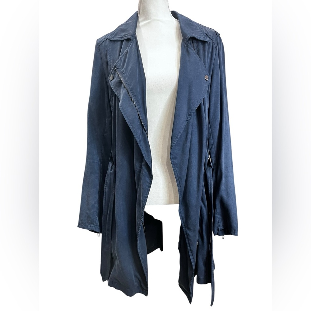 Blank NYC Blue Moto Trench Jacket Small Tencel Utility Belted Coat - Picture 5 of 9